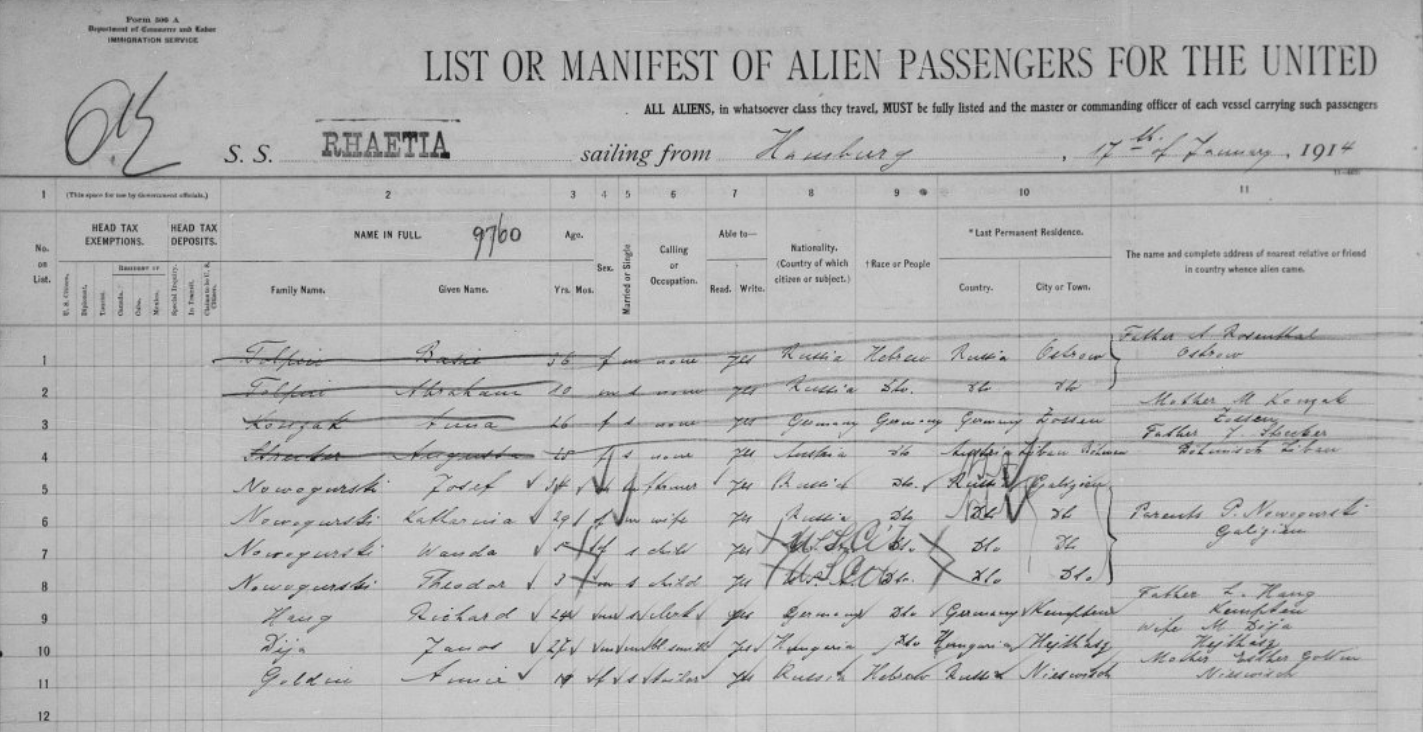1914 Ellis Island Manifest. Bessie (Pessie) Tolpin, 18 years old, is first on the list. Supposedly, my grandfather had a ticket to come to America. At that time, he dated my grandmother, who refused to leave with him. So he gave his ticket to his sister Pessie.